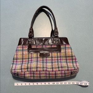 COACH Plaid Wool Tweed Tote Bag with Brown Leather Trim and Silver Tone Hardware